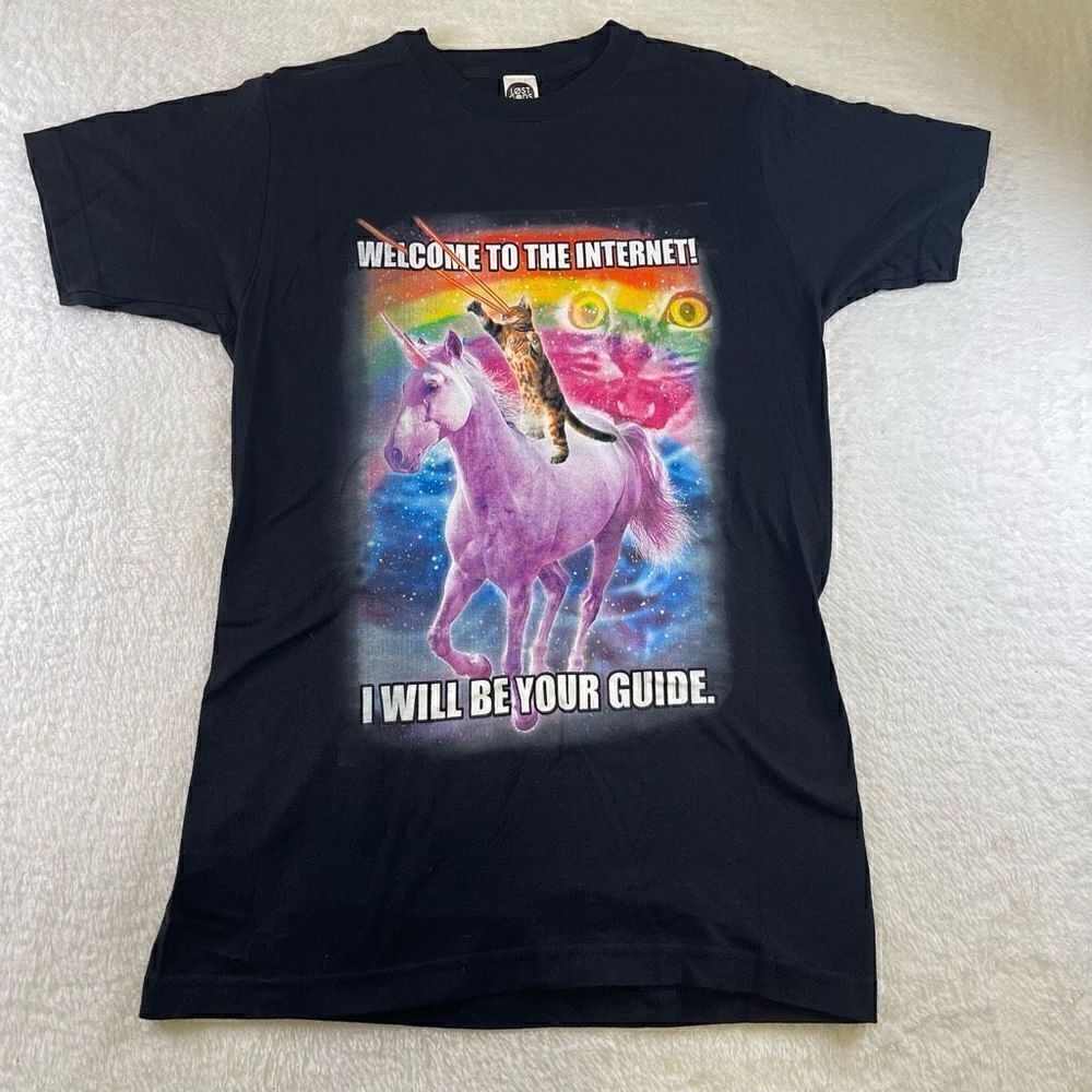 Small Black Welcome to the Internet Meme Shirt Lost Gods Cat Unicorn